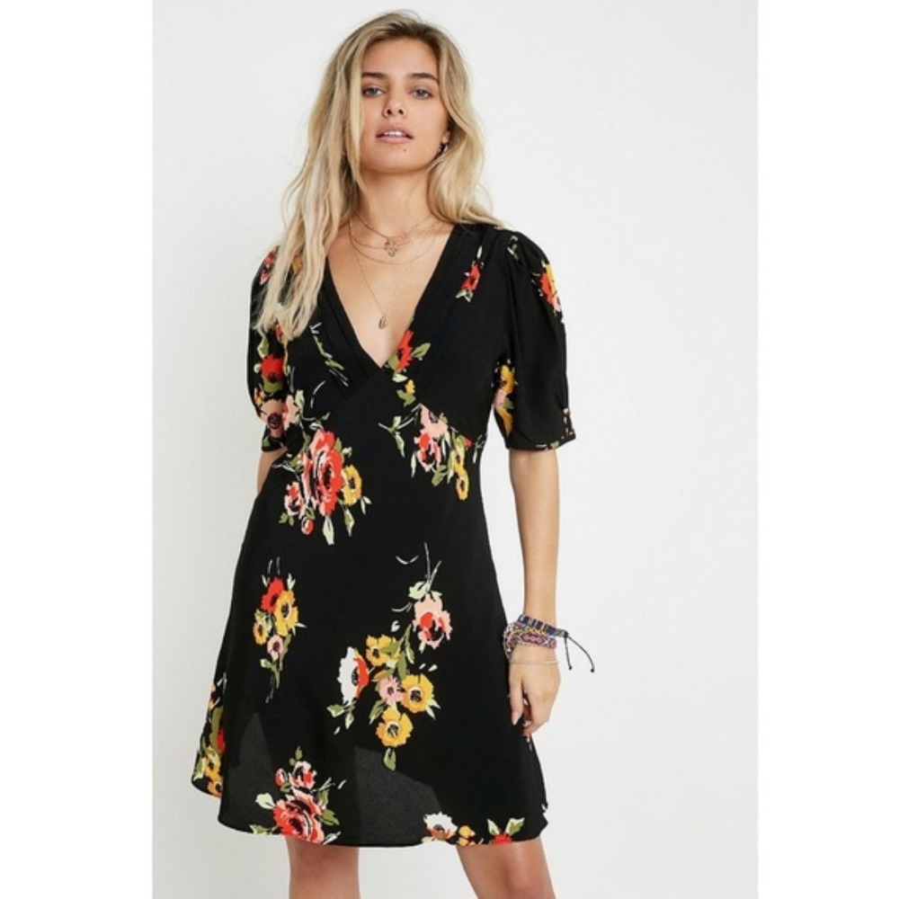 Free People Neon Garden Mini Dress in Black Floral‎ Size 8